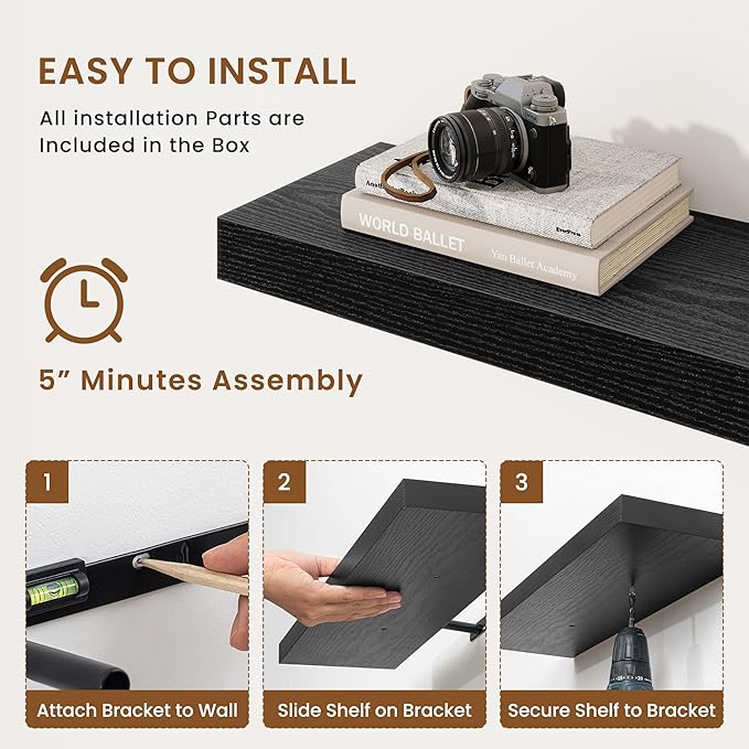 fuqing Floating Shelves for Wall, Wall Mounted Wood Floating Shelf with Invisible Brackets for Living Room, Bathroom, Bedroom, Kitchen Storage and Decor,6.5 Inch Set of 3, Black