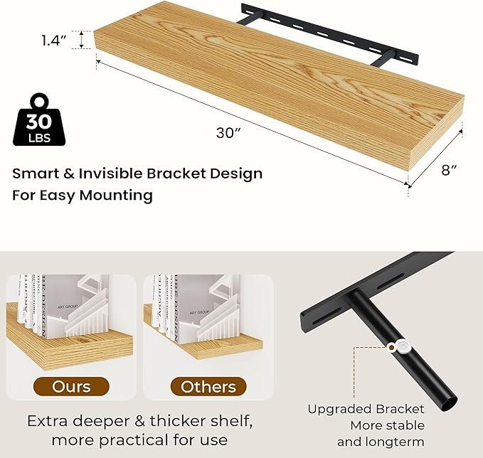 Dreamland 30 Inches Floating Shelves for Wall,8 Inch Deep Floating Shelves Set of 2, Large Display & Storage Shelf, Wall Shelf for Bathroom Bedroom Living Room Kitchen Office,Light Brown