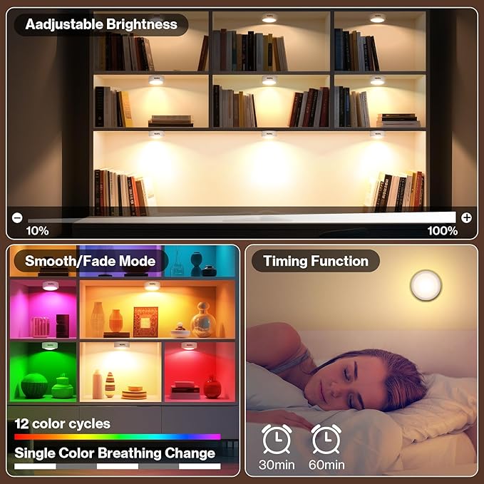 Puck Lights, Cadrim 13 Colors Changeable LED Puck Lightings, LED Lights for Bedroom, Under Cabinet Lights, Under Cabinet Lighting with 2 Wireless Remote Controls for Kitchen(6 Pack)