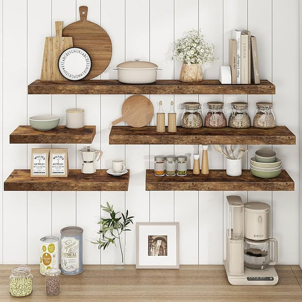 Fun Memories 36Inch Floating Shelves, 9.3Inch Deep Rustic Wall Shelves - Extra Deeper & Thicker Wall Mounted Storage Shelf for Kitchen, Farmhouse - Set of 2 - Rustic Brown