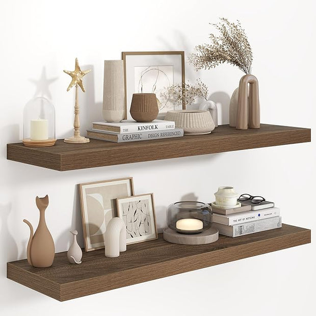 Fun Memories 40" W x 9.3" D Floating Shelves for Wall, Deep Long Floating Shelf for Home Bathroom, Bedroom, Living Room, Rustic Wood Wall Mounted Shelves for Books Decor, Walnut