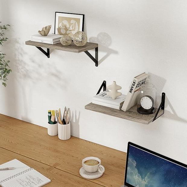 Floating Shelves, 8 Inch Deep Rustic Wood Wall Storage, 16W x 8D Wall Shelves Set of 2, Heavy Duty Metal Brackets, Industrial Book Shelf for Living Room, Kitchen, Bathroom, Bedroom, Grey