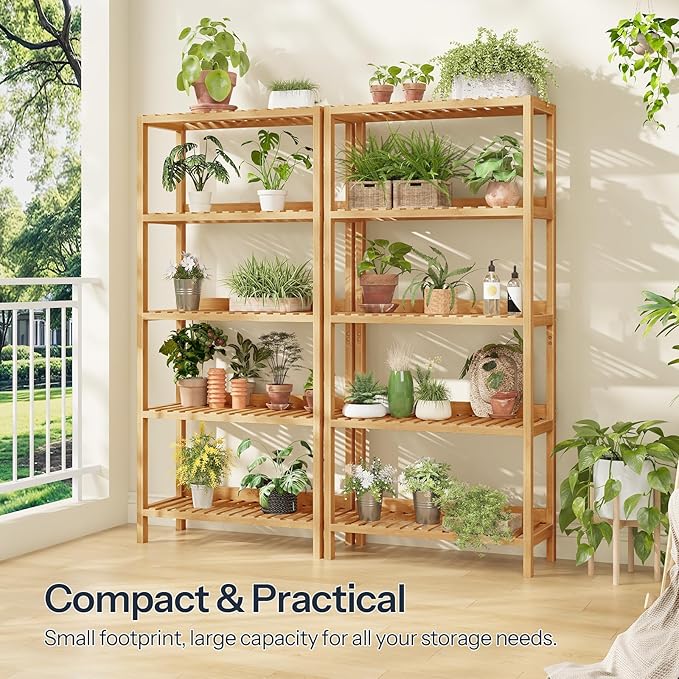 HOOBRO Bamboo Storage Shelf, 5-Tier Freestanding Shelving Unit, Multifunctional Storage Rack with Back Panel, 23.6 x 10.2 x 51.2 inches, for Bathroom, Living Room, Balcony, Kitchen, Natural YL96CJ01