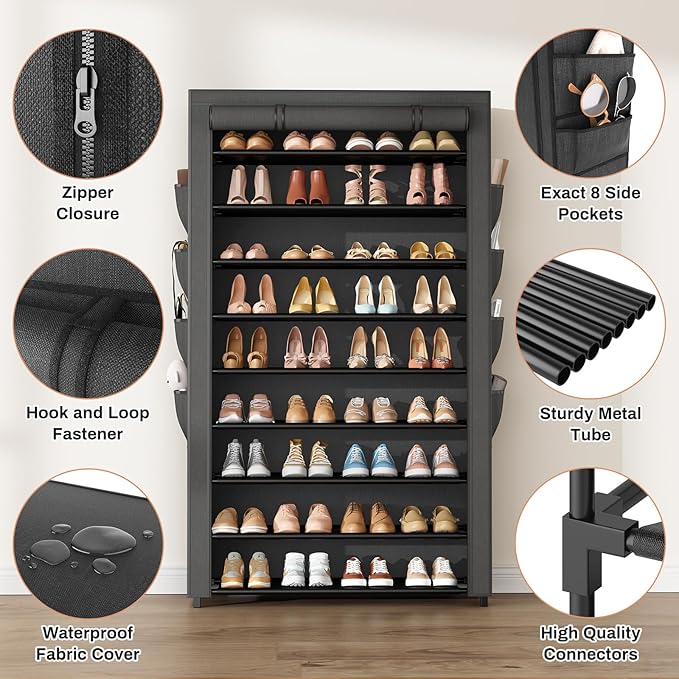 Shoe Rack with Cover, 10 Tier Shoe Organizer Storage for 40-50 Pairs Sneaker and Boots, Large Capacity, with 8 Pockets, Free Standing Tall Shoe Rack for Front Door Entrance, Closet