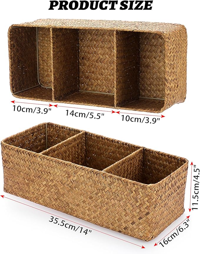 ELLDOO Woven Seagrass Wicker Rattan Storage Basket, Large Capacity Coffee Pod Holder Organizer for K Cup Nespresso Pods, 3-Section Seagrass Storage Box for Coffee bar Shelves Kitchen Cabinets,Brown