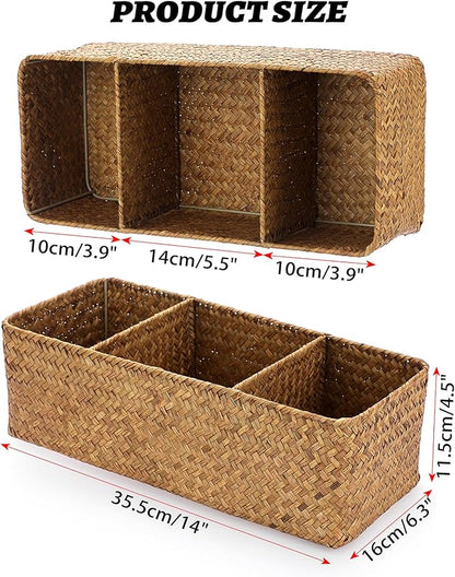 ELLDOO Woven Seagrass Wicker Rattan Storage Basket, Large Capacity Coffee Pod Holder Organizer for K Cup Nespresso Pods, 3-Section Seagrass Storage Box for Coffee bar Shelves Kitchen Cabinets,Brown