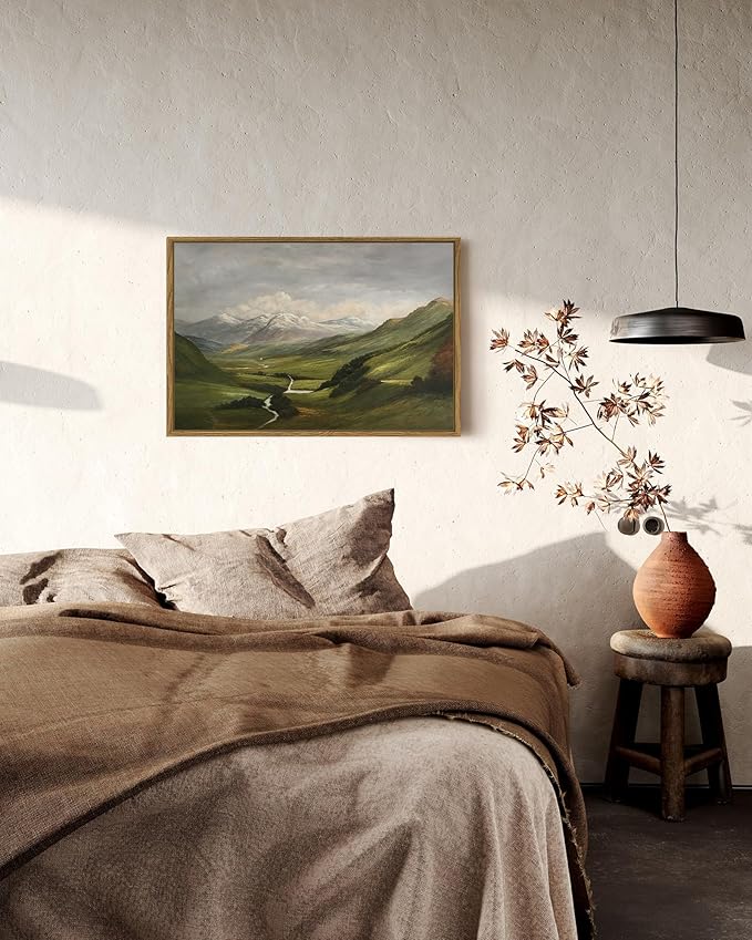 SHENIFY Landscape 16x24in Large Vintage Framed Canvas Wall Art Classical Mountain Range Valley Prints Farmhouse Bathroom Office Decor - Natural Framed