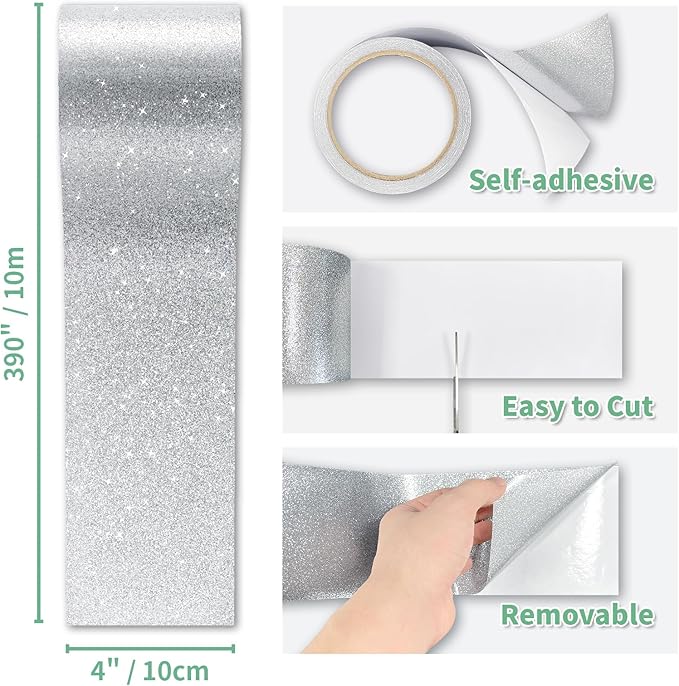 Peel and Stick Wallpaper Borders 390” x 4” Self Adhesive Mirror Frame Border Glitter DIY for Kitchen Bathroom Mirror Removal Border Sticker Wall Decor Cover 10.8 Sq.Ft, Sliver Glitter