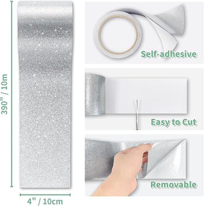 Peel and Stick Wallpaper Borders 390” x 4” Self Adhesive Mirror Frame Border Glitter DIY for Kitchen Bathroom Mirror Removal Border Sticker Wall Decor Cover 10.8 Sq.Ft, Sliver Glitter