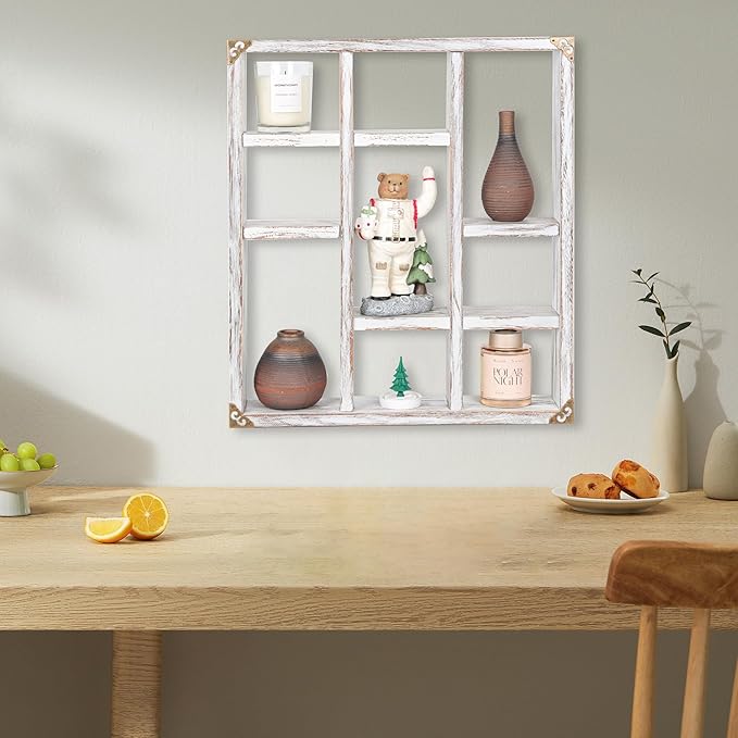 17.7x15.7-Inch Shadow Box Shelf 9-Slot Rustic Floating Shelves Larger Wall Mounted Shelf Lightweight Solid Wood Display Shelf Freestanding Farmhouse(9C-Rustic White)