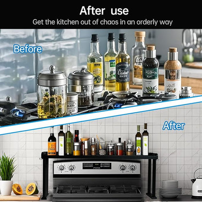 Over the Stove Shelf, Bamboo Stove Top Spice Rack for Kitchen,Wooden Stove Shelf for Back of Stove, Non-slip Countertop Seasoning Organizer with 6 hooks,Easy to Assemble 33.5*4.5*13.4” Black