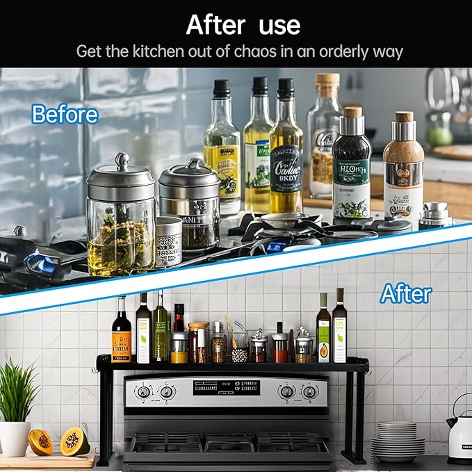 Over the Stove Shelf, Bamboo Stove Top Spice Rack for Kitchen,Wooden Stove Shelf for Back of Stove, Non-slip Countertop Seasoning Organizer with 6 hooks,Easy to Assemble 33.5*4.5*13.4” Black