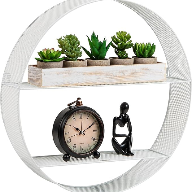 Mind Reader Circular Floating Shelves, Wall Decor, Accent Shelf, Office, Bathroom, Metal Mesh, 18" L x 4" W x 18" H, White