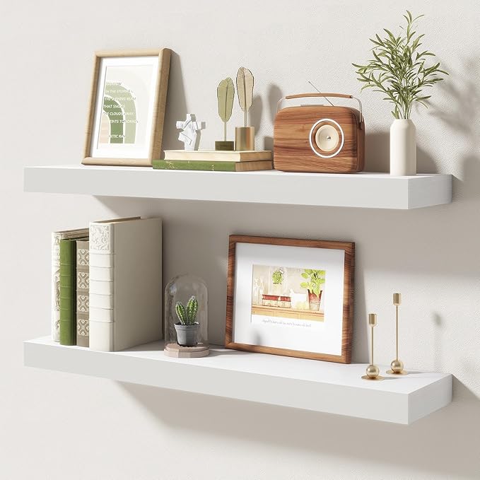 30 Inch Floating Shelves | 6.5 Inch Deep White Floating Shelves Set of 2 | 30" W x 6.5" D Rustic White Wood Wall Shelves with Invisible Brackets for Bathroom Living Room Bedroom