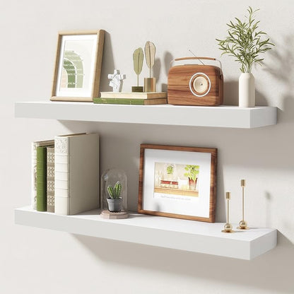 30 Inch Floating Shelves | 6.5 Inch Deep White Floating Shelves Set of 2 | 30" W x 6.5" D Rustic White Wood Wall Shelves with Invisible Brackets for Bathroom Living Room Bedroom