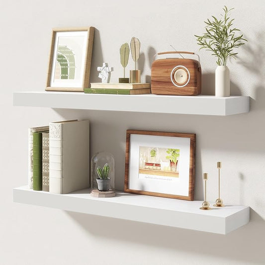 30 Inch Floating Shelves | 6.5 Inch Deep White Floating Shelves Set of 2 | 30" W x 6.5" D Rustic White Wood Wall Shelves with Invisible Brackets for Bathroom Living Room Bedroom