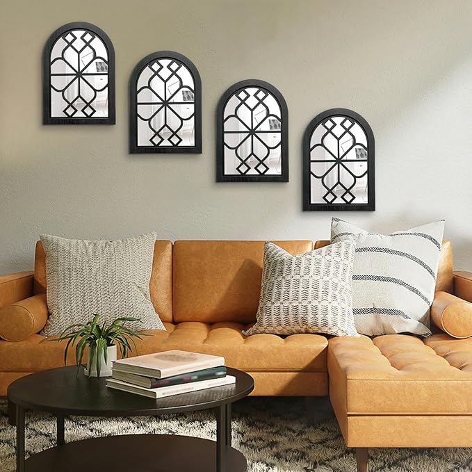 ZEXUIRU Set of 4 Arched Window Wall Mirror Rustic Farmhouse Accent Mirror Wood Framed Entry Wall Decoration for Living Room Bathroom Bedroom Kitchen