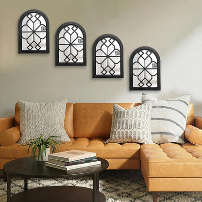 ZEXUIRU Set of 4 Arched Window Wall Mirror Rustic Farmhouse Accent Mirror Wood Framed Entry Wall Decoration for Living Room Bathroom Bedroom Kitchen