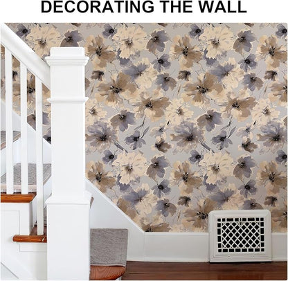 Purple Watercolor Floral Peel and Stick Wallpaper, 118" x 17.3" Vintage Removable Waterproof Self Adhesive Wall Paper, Brown Flower Contact Paper Peel and Stick for Classroom Cabinets 14.4 sq.ft