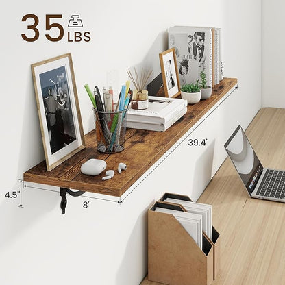 RICHFOCUS Floating Shelves for Wall Decor, 39.4W x 8D Shelves Set of 2, 8 Inch Deep Rustic Wood Shelves Wall Mounted with Brackets, Long Floating Shelves for Living Room Bedroom Kitchen, Rustic Brown