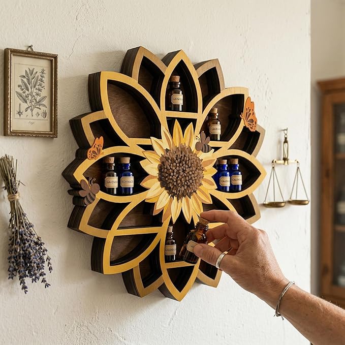 Sunflower Gifts for Women, Sunflower Decor Wooden Wall Floating Shelves with Lifelike Flower & Bee Accents, Trinket Crystal Display Shelf Boho Decor for Home Bedroom Living Room, Birthday Gift for Her