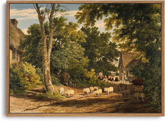 OIQArtOIQ Vintage Framed Wall Art Rural Farm Scene Canvas Art Prints Countryside Landscape Pictures Wall Decor Modern Rustic Farmhouse Paintings Artwork For Bedroom Bathroom Office Living Room