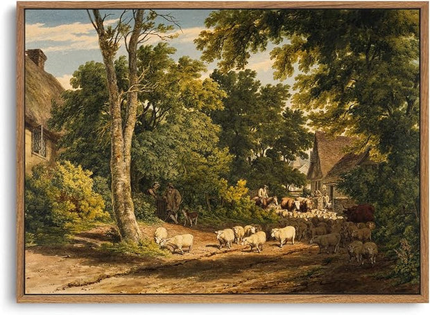 OIQArtOIQ Vintage Framed Wall Art Rural Farm Scene Canvas Art Prints Countryside Landscape Pictures Wall Decor Modern Rustic Farmhouse Paintings Artwork For Bedroom Bathroom Office Living Room