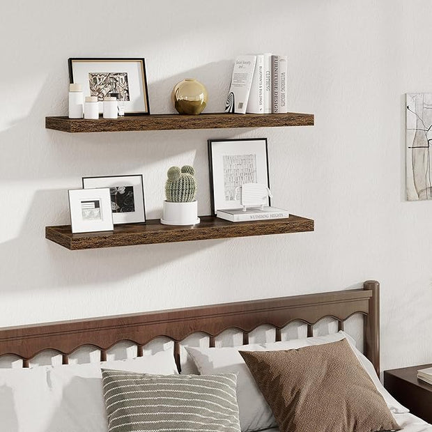 Fun Memories 12 Deep Floating Shelves, 40W x 12D Floating Shelves for Wall Set of 2, Extra Deeper Hanging Wood Shelves for Wall for Living Room Kitchen Laundry Room Kitchen Home Office - Rustic Brown
