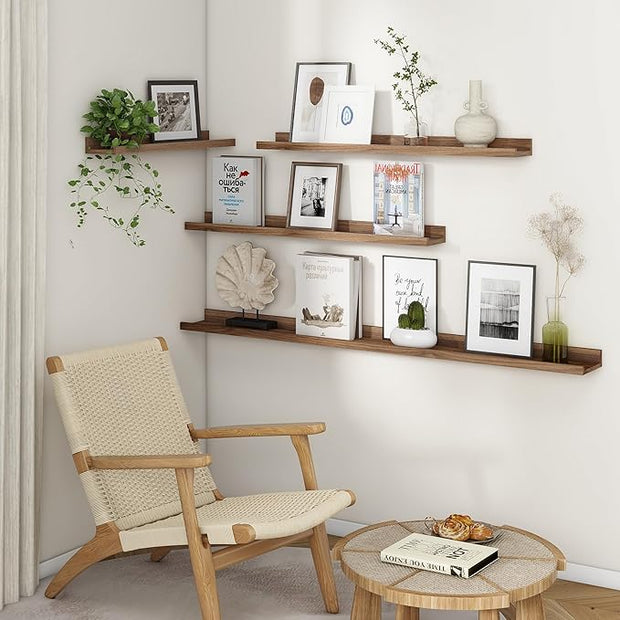 Axeman Picture Ledge Shelf | 55 Inch Walnut Floating Shelves Set of 3 | Rustic Wood Wall Shelves with Lip | 55" Walnut Picture Shelf for Wall with Ledge | Photo Shelves