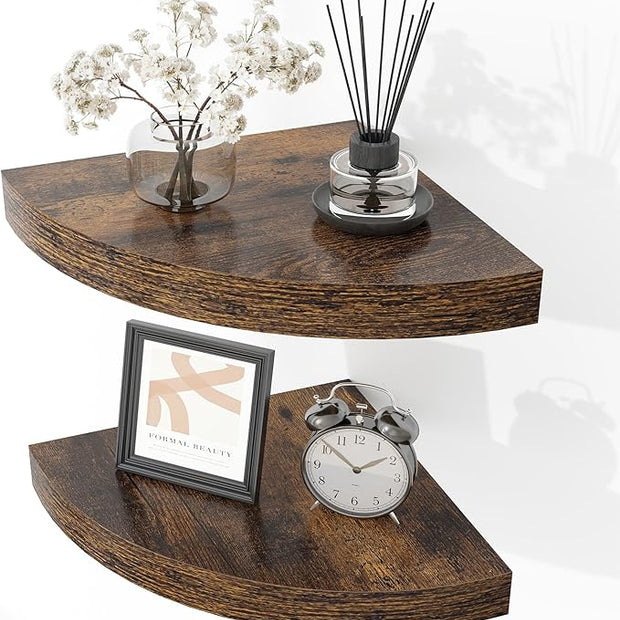 Fun Memories Floating Corner Shelves Set of 2 - Rustic Wood Wall Mounted Storage and Display Shelves for Living Room, Bedroom, Kitchen, Bathroom - Space Saving Home Decor, Brown