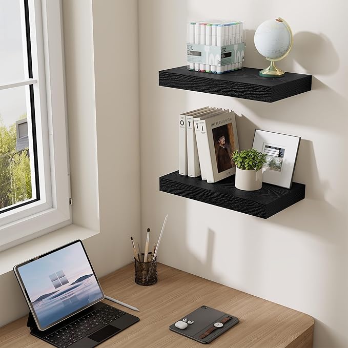Dreamland 16 Inch Long Floating Shelves in Black,6.7 Inch Deep Floating Shelf for Wall,Large Display & Storage Shelf, Wall Shelf for Bathroom Bedroom Living Room Kitchen Office，Set of 2