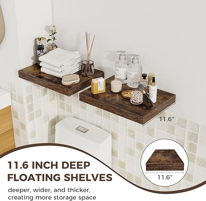 Fun Memories 12 Inch Deep Floating Shelves, 16 x 12 Wooden Wall Shelves, Extra Deeper & Thicker Rustic Wall Mounted Storage Shelf for Fireplace, Living Room, Kitchen, Farmhouse, Rustic Brown - 3Pack