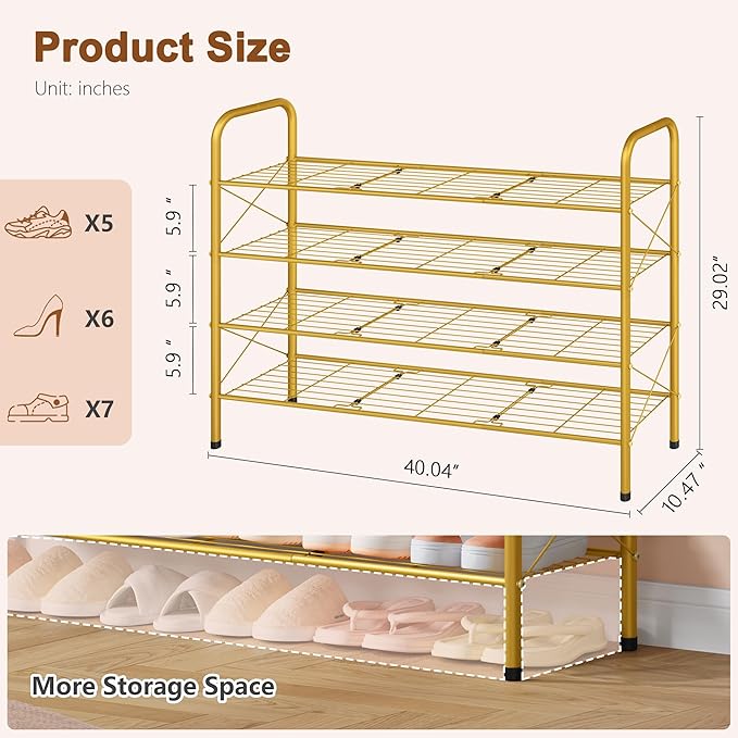 Hoctieon 4 Tier Mesh Style Shoe Rack, Entryway Shoe Shelf, Shoe Storage Organizer, Shoe Rack for Closet, Space Save for Bathroom, Garage, Hallway, Bedroom, Living Room, Gold
