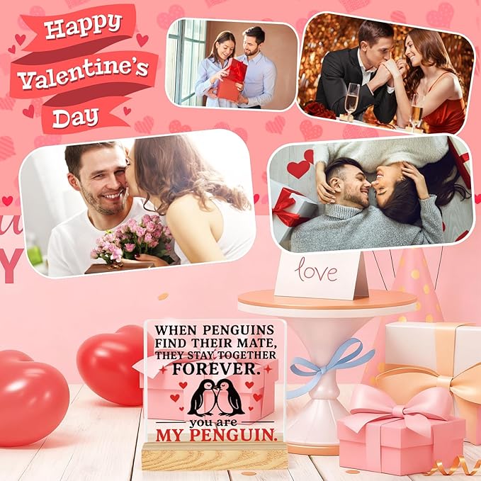 Valentines Desk Decor, Happy Valentine's Day Home Office Table Sign for Porch Tiered Tray Shelf Party, Rustic Romantic Acrylic Gifts Decorations for Him Her Wife,You Are My Penguin