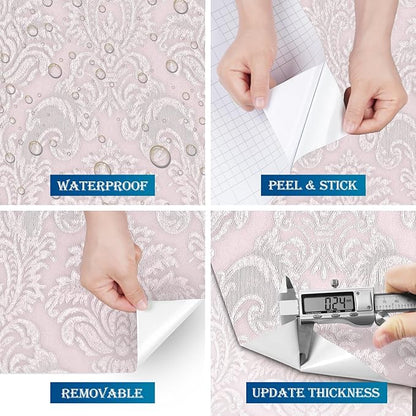 FunStick 24"x200" Vintage Pink Damask Floral Peel and Stick Wallpaper Textured Victorian Embossed Flower Wallpaper for Bedroom Girls Room Nursery Walls Self Adhesive Contact Paper for Cabinets Drawers