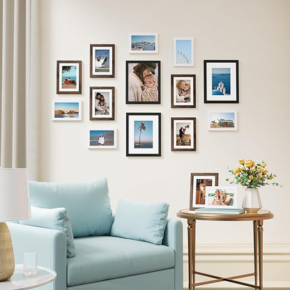 Vittanly 15 Pack Picture Frames Collage Wall Decor, Multi Sizes Including 3pcs 8x10, 6pcs 5x7 and 6pcs 4x6 Photo Frames, Gallery Frame Set for Wall or Tabletop Display, Black, Brown and White