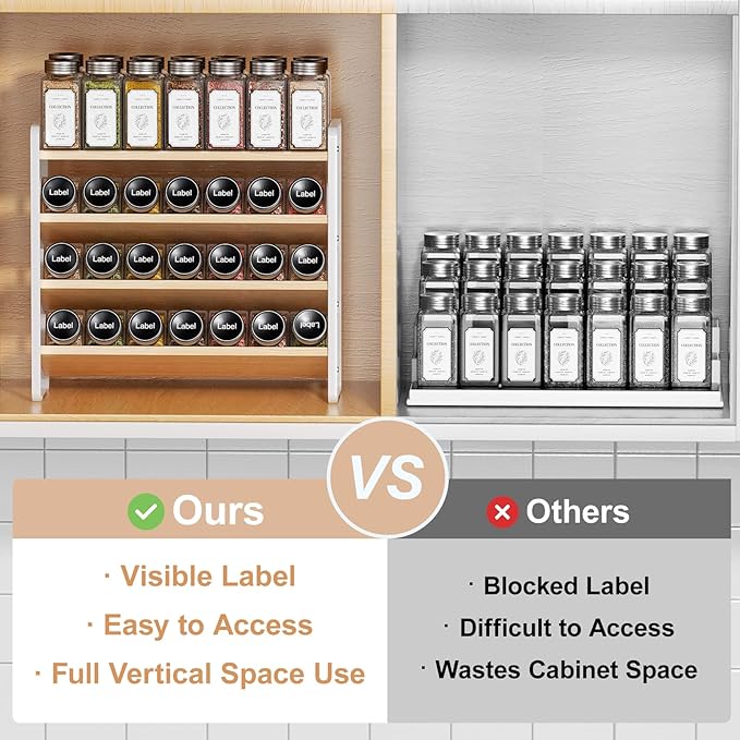 MUDEELA 4 Tier Spice Rack Organizer for Cabinet,Wooden Vertical Spice Shelf, Seasoning Organizer for Countertop, Kitchen, Pantry, Freestanding, 13.4