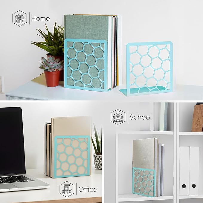 GEOMOD Geometric Honeycomb Turquoise Metal Bookends Decorative - Tall Sturdy Book Ends for Shelves - Modern Heavy Duty Bookend Stopper - Office Shelf Book Holder - 6x3.25x6.25 Inches - 1 Pair
