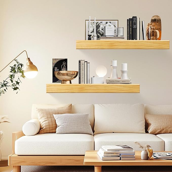 32 Inch Picture Ledge Shelf with Lip,Floating Shelves for Wall, Set of 2 Solid Pine Wood Shelves with Invisible Brackets, Wall Storage for Living Room, Bedroom, Kitchen, Bathroom(Nature Wood)