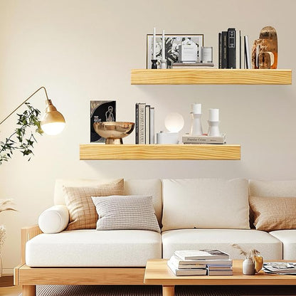 32 Inch Picture Ledge Shelf with Lip,Floating Shelves for Wall, Set of 2 Solid Pine Wood Shelves with Invisible Brackets, Wall Storage for Living Room, Bedroom, Kitchen, Bathroom(Nature Wood)