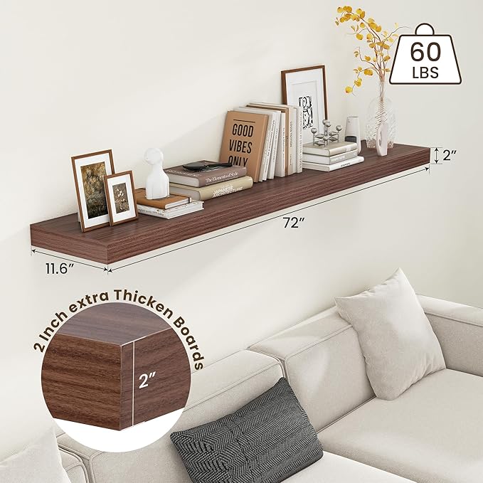 72 Inch Walnut Floating Shelf | 12 Inch Deep Floating Shelves Set of 1 | 72