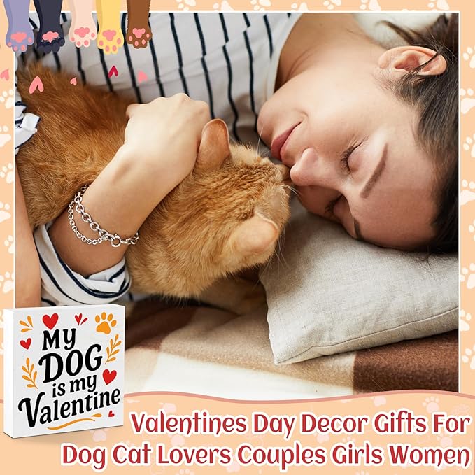 Valentines Cat Dog Desk Decor, Valentine's Day Gifts for Cats Dogs Lover Pet Parent, Home Office Table Sign Decoration for Shelf Tiered Tray, My Dog Is My Valentine