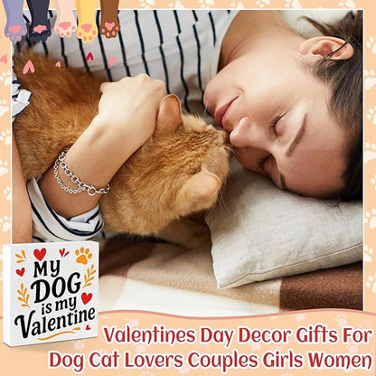 Valentines Cat Dog Desk Decor, Valentine's Day Gifts for Cats Dogs Lover Pet Parent, Home Office Table Sign Decoration for Shelf Tiered Tray, My Dog Is My Valentine