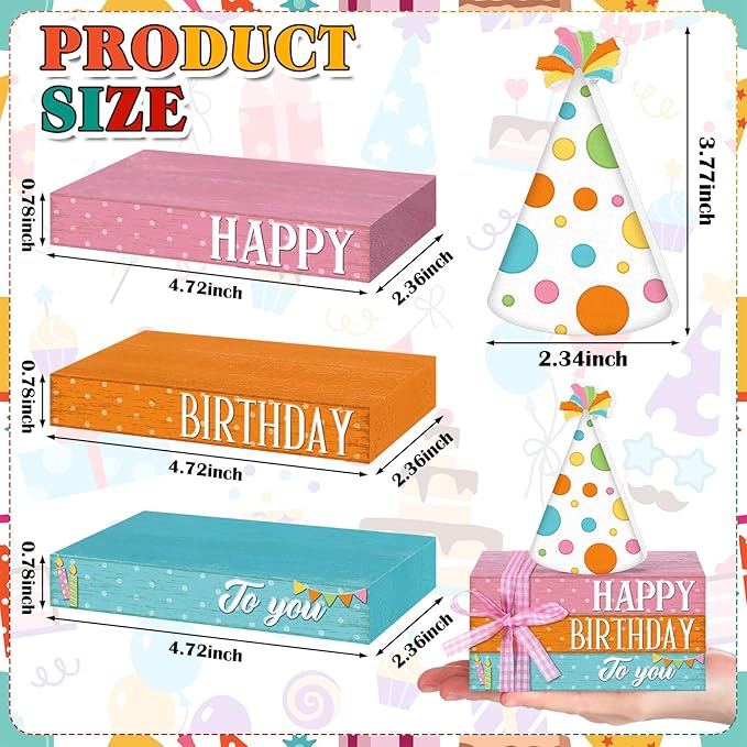Geelin 4 Pcs Birthday Wooden Book Stack Decor, Rustic Happy Birthday Table Centerpieces with Party Hat Wooden Sign, Colorful Tiered Tray Decorations for Home, Office, and Party Table Decor