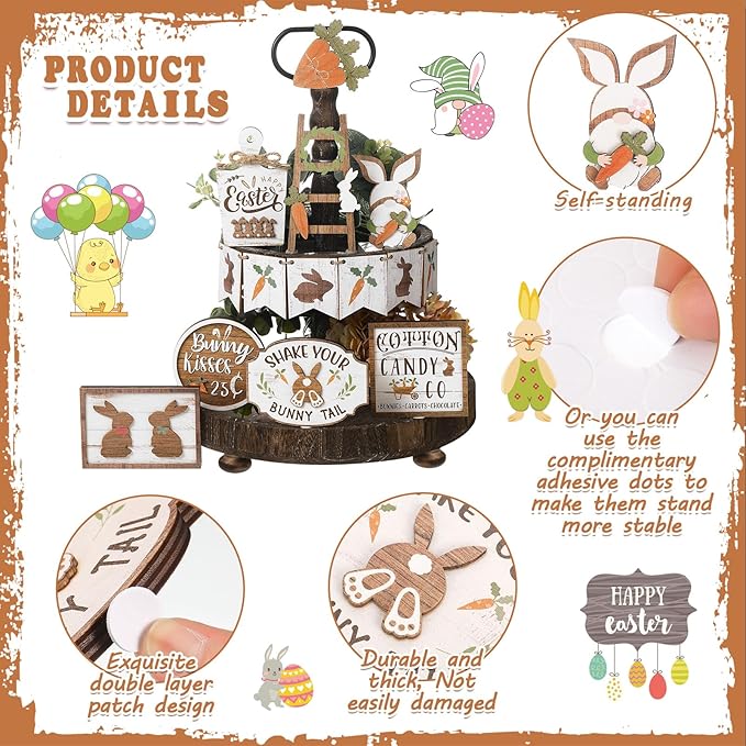 Amyhill 14 Pcs Easter Tiered Tray Decor Set Farmhouse Bunny Carrot Wooden Signs Rustic Spring Tiered Tray Decor Easter Table Decorations for Home Kitchen Coffee Bar Shelf