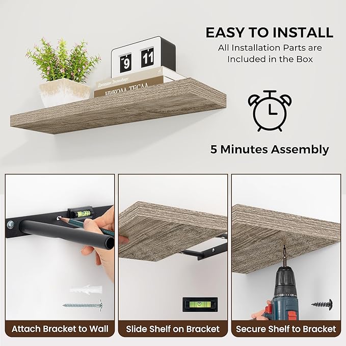 Dreamland 40 Inches Floating Shelves for Wall,9.3 Inch Deep Floating Shelves Set of 2, Large Display & Storage Shelf, Wall Shelf for Bathroom Bedroom Living Room Kitchen Office,Grey