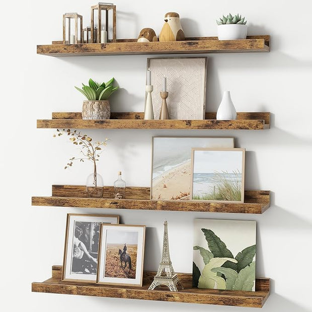 Picture Ledge Shelf, Floating Shelves Set of 4, 24 Inches Long Large Nursery Book Shelves for Toys Storage, Kids Bookshelf Wall Mounted for Living Room Bedroom Decor Books Photo Frames, Brown