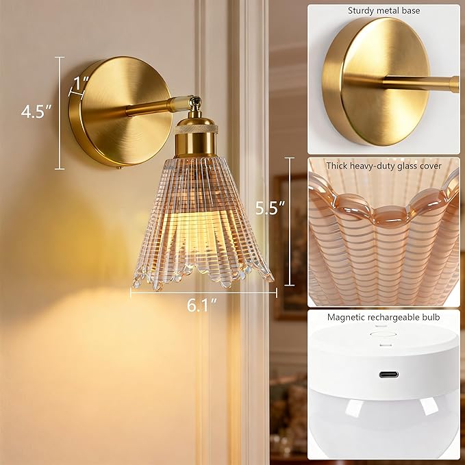 Vintage Battery Operated Wall Sconce with Amber Crystal Grid Glass Lampshade Rechargeable Battery Powered Wall Light with Remote Control for Bedside Bedroom Bathroom, Set of 1