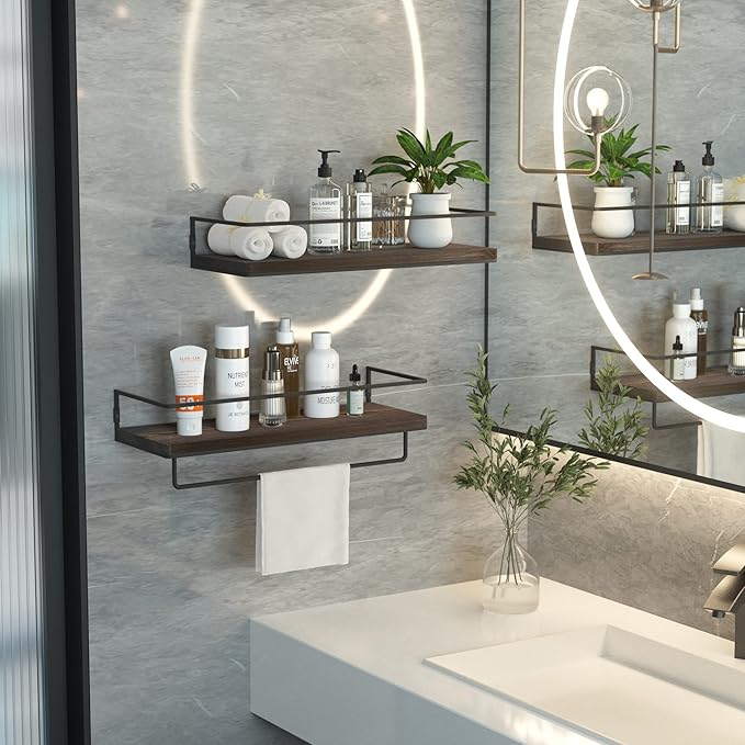 ZGO Floating Shelves for Wall Set of 2, Wall Mounted Storage Shelves with Metal Frame and Towel Rack for Bathroom, Kitchen, Bedroom