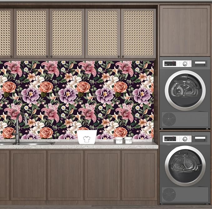 Purple Vintage Floral Wallpaper Peel and Stick Red Rose Peony Flowers Contact Paper 17.5" x 118" Wall Paper Self Adhesive Waterproof Removable for Room Shelves Cabinet Drawer Table Decor